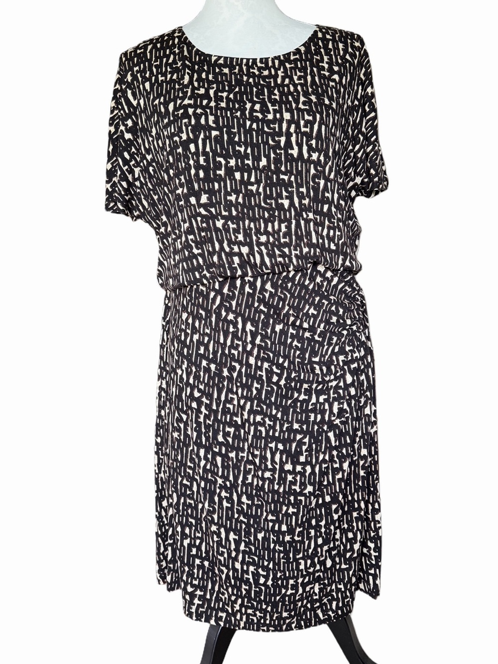 NIC + ZOE Black Letterpress Print Dress | Short Sleeve | Size Petite Large